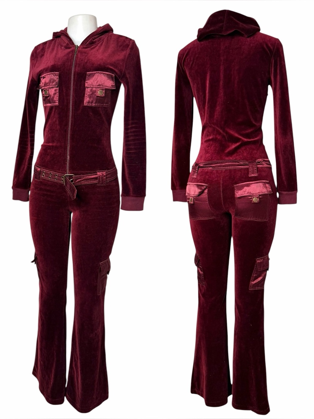 Y2K Rampage Burgundy Velour Jumpsuit Small Zip Up Flare Cargo Hooded One Piece